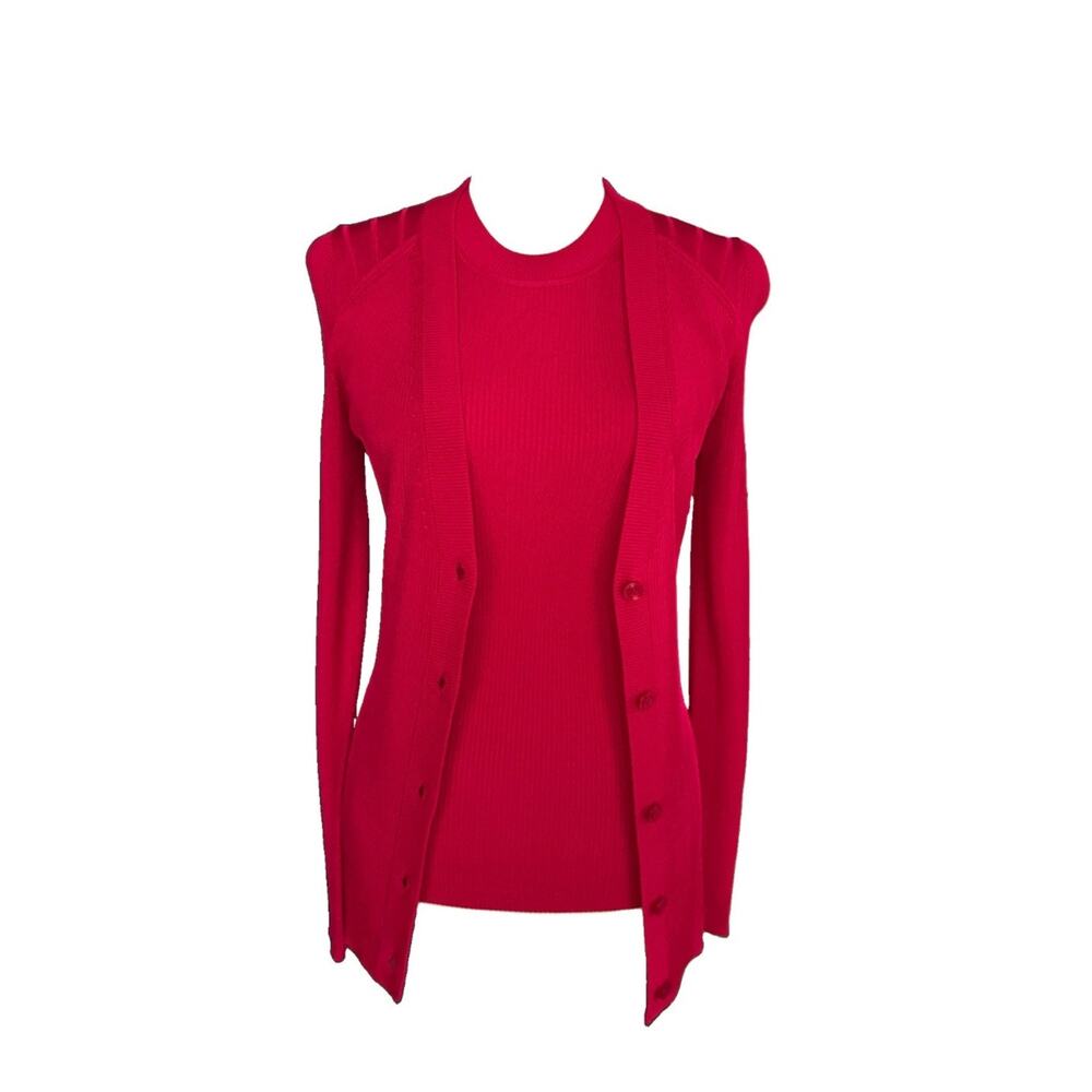 ST JOHN Cardigan Tank Top Set S Pink Signature Knit Ribbed Collection